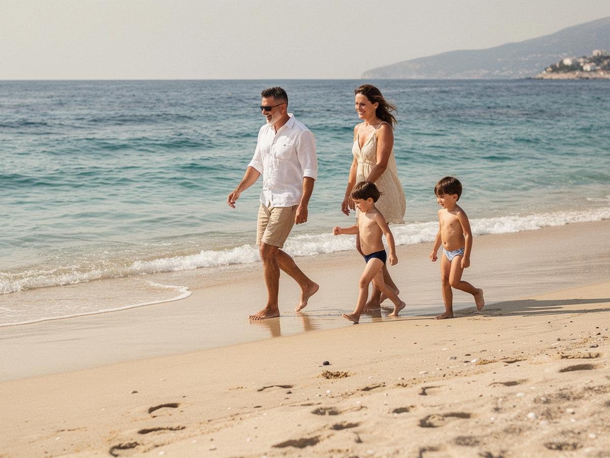 Coastline view with family-friendly beach scene